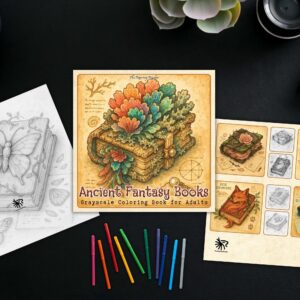 Ancient Fantasy Books – Grayscale Coloring Book (Digital PDF)