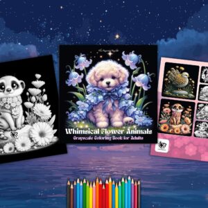 Whimsical Flower Animals Grayscale Coloring Book for Adults – Digital PDF Download