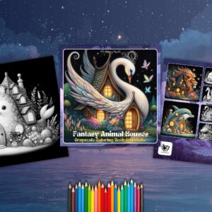 Fantasy Animal Houses Grayscale Coloring Book for Adults (PDF Digital Download)