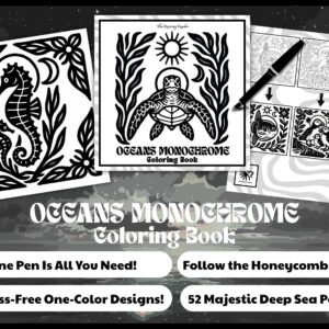 Oceans Monochrome Coloring Book (Digital Edition – 52 Printable Designs)