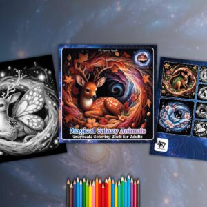 Magical Galaxy Animals Grayscale Coloring Book For Adults – Digital PDF Download