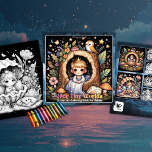 Cozy Tiny Worlds Grayscale Coloring Book – Digital PDF Download