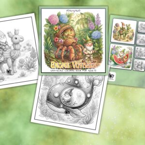 Gnome Voyages Grayscale Coloring Book – Digital PDF Download