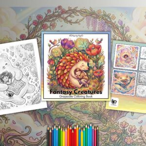 Cozy Fantasy Creatures Grayscale Coloring Book – Digital PDF Download