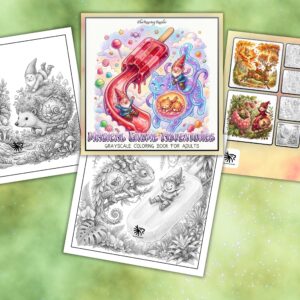Magical Gnome Adventures Grayscale Coloring Book – Digital PDF Download