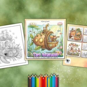 Whimsical Worlds: Tiny Wonders Grayscale Coloring Book for Adults – Digital PDF Download