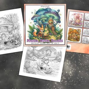 Magical Animal Villages Grayscale Coloring Book For Adults – Digital PDF Download