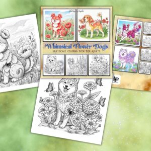 Whimsical Flower Dogs: Grayscale Coloring Book – PDF Download Versison