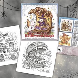 Whimsical Halloween Shops Grayscale Coloring Book for Adults and Teens PDF – 52 Printable Designs