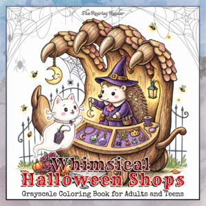 Whimsical Halloween Shops Grayscale Coloring Book for Adults and Teens PDF – 52 Printable Designs
